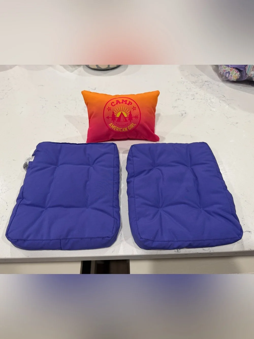 American Girl Camp Hangout ombre pillow and two purple cushions